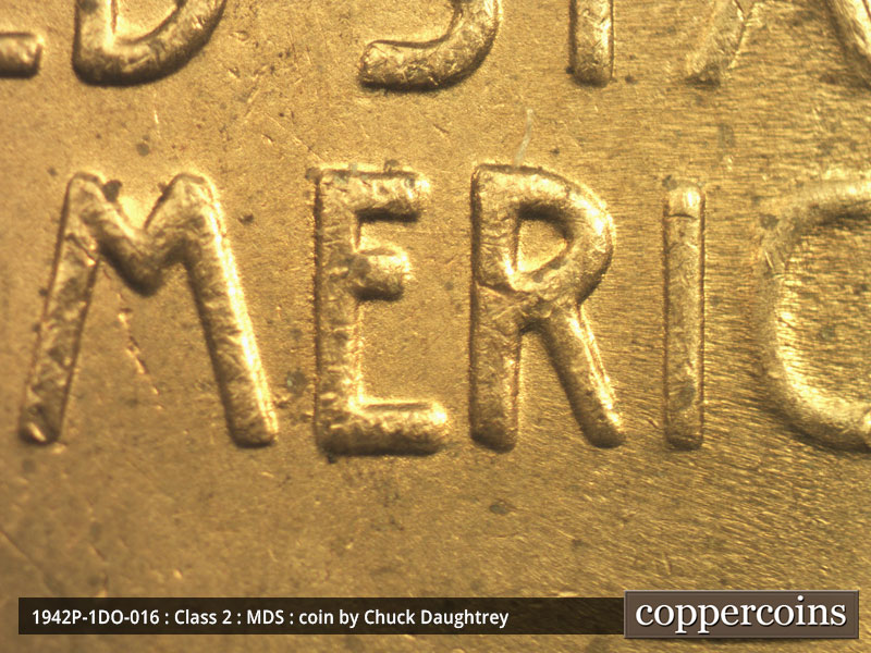 Die-stage B marker on 1942P•1DO•016 (1942 Doubled Die Obverse).