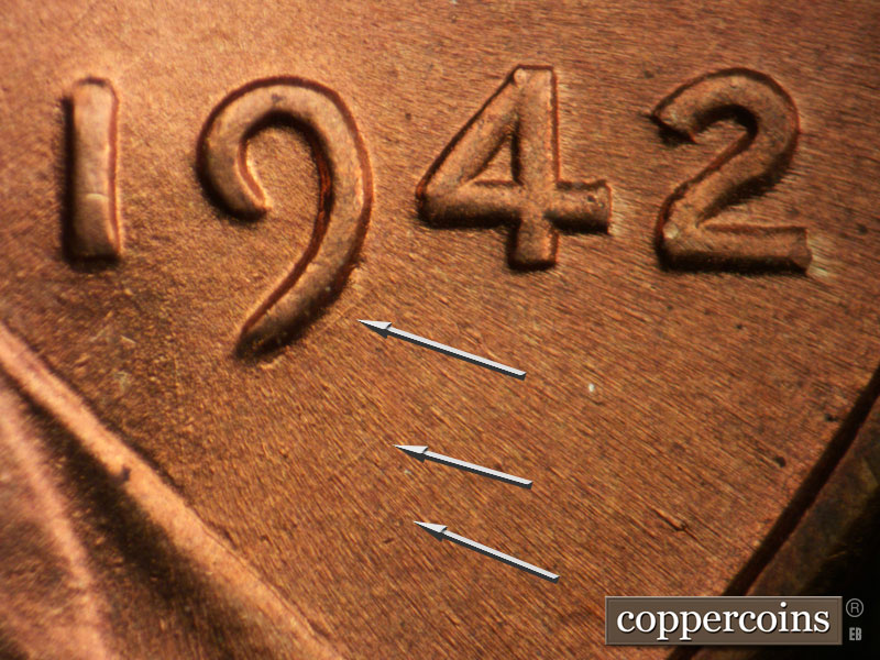 Die-stage B marker on 1942P•1DO•020 (1942 Doubled Die Obverse).