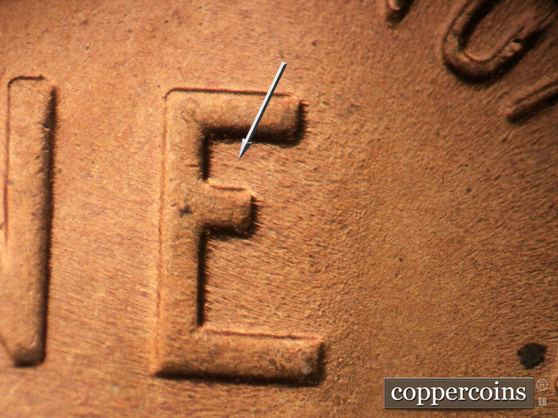 Die-stage B marker on 1942P•1DO•020 (1942 Doubled Die Obverse).