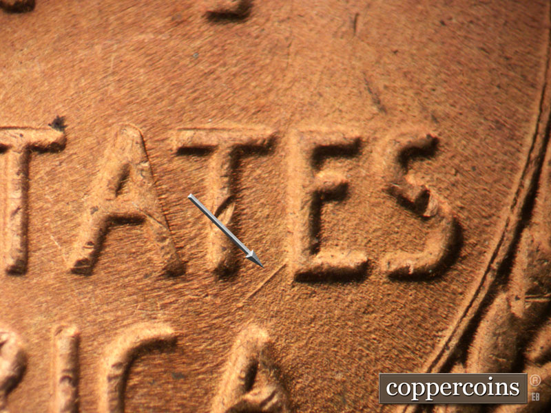 Die-stage B marker on 1942P•1DO•020 (1942 Doubled Die Obverse).