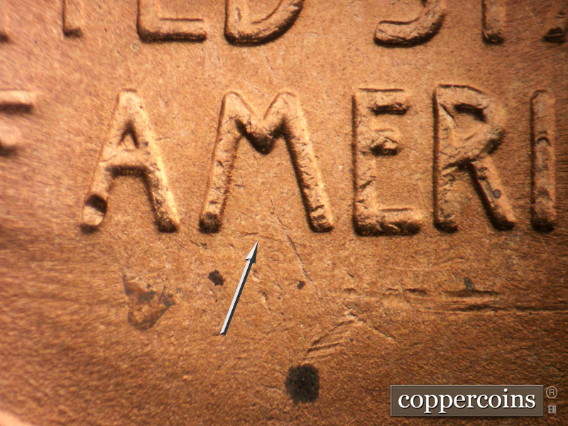 Die-stage B marker on 1942P•1DO•020 (1942 Doubled Die Obverse).