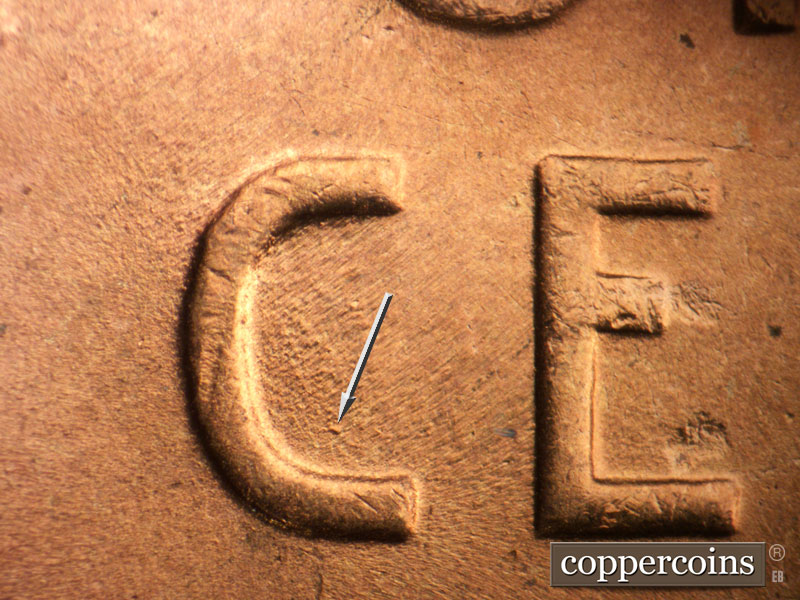 Die-stage B marker on 1942P•1DO•020 (1942 Doubled Die Obverse).