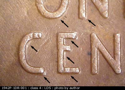 Die-stage C marker on 1942P•1DR•001 (1942 Doubled Die Reverse).