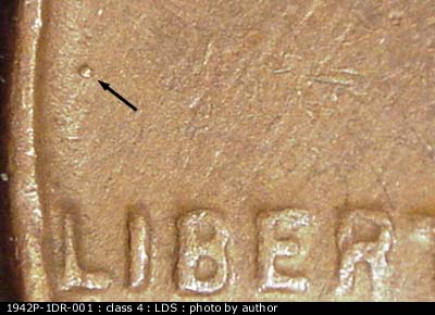 Die-stage C marker on 1942P•1DR•001 (1942 Doubled Die Reverse).