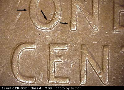 Die-stage B marker on 1942P•1DR•002 (1942 Doubled Die Reverse).