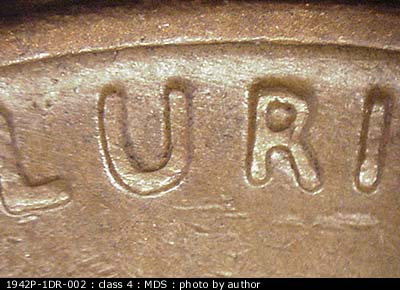 Die-stage B marker on 1942P•1DR•002 (1942 Doubled Die Reverse).