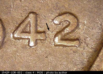 Die-stage B marker on 1942P•1DR•002 (1942 Doubled Die Reverse).