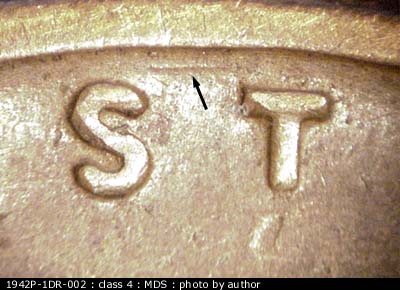 Die-stage B marker on 1942P•1DR•002 (1942 Doubled Die Reverse).