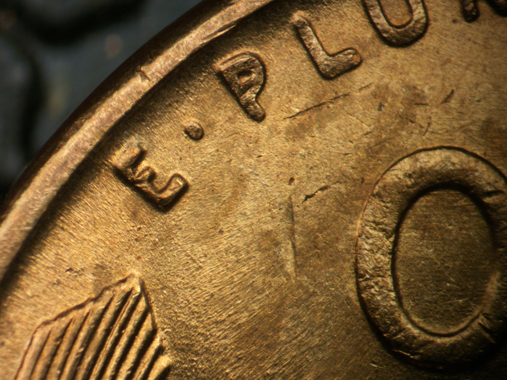1942 Lincoln cent obverse, CopperCoins die 1942P•1DR•003 — Doubling on left wheat tip and EPU.