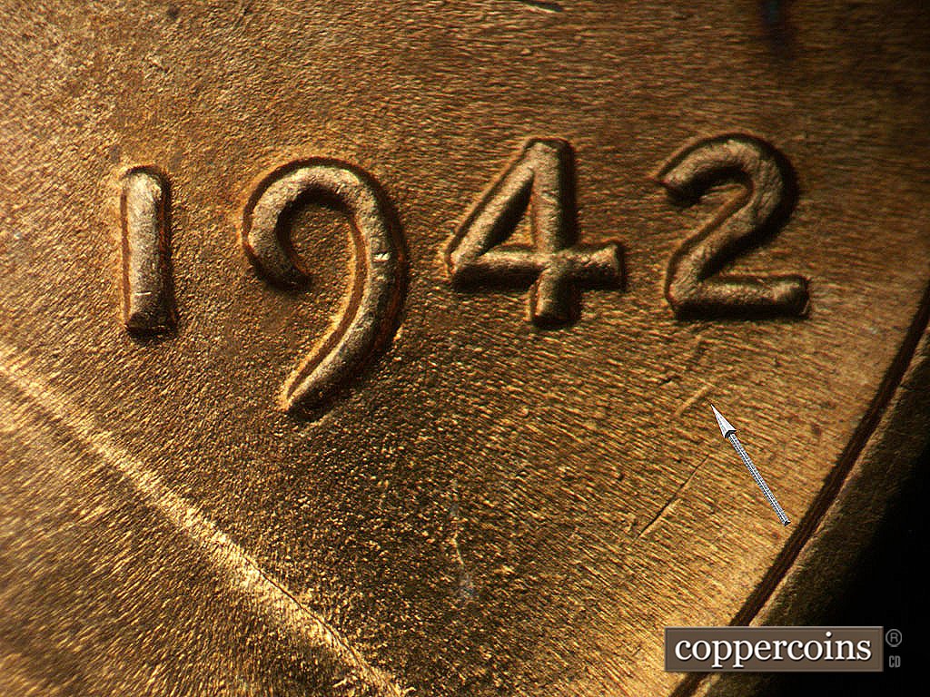 Die-stage B marker on 1942P•1DR•003 showing Die gouge under 2 in date.