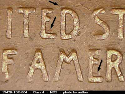 Die-stage B marker on 1942P•1DR•004 (1942 Doubled Die Reverse).