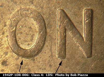 Die-stage C marker on 1942P•1DR•006 (1942 Doubled Die Reverse).