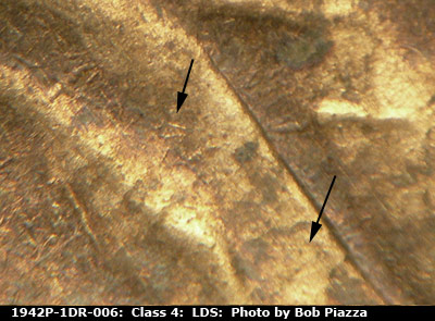 Die-stage C marker on 1942P•1DR•006 (1942 Doubled Die Reverse).