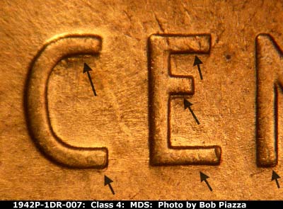 Die-stage B marker on 1942P•1DR•007 (1942 Doubled Die Reverse).