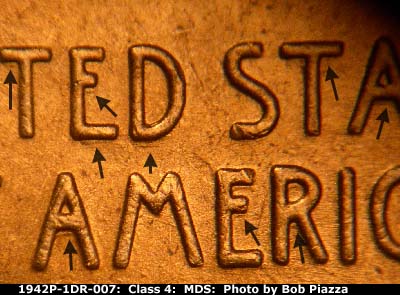 Die-stage B marker on 1942P•1DR•007 (1942 Doubled Die Reverse).