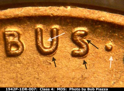 Die-stage B marker on 1942P•1DR•007 (1942 Doubled Die Reverse).