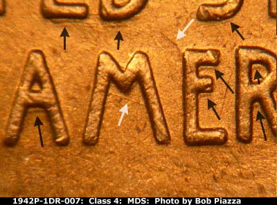Die-stage B marker on 1942P•1DR•007 (1942 Doubled Die Reverse).