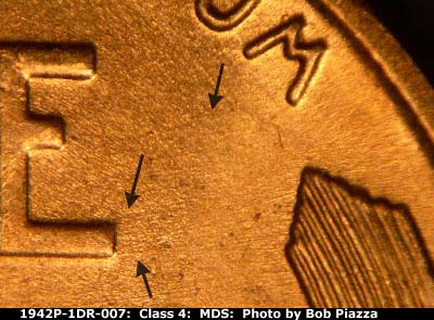 Die-stage B marker on 1942P•1DR•007 (1942 Doubled Die Reverse).