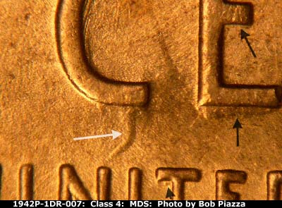 Die-stage B marker on 1942P•1DR•007 (1942 Doubled Die Reverse).