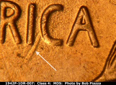 Die-stage B marker on 1942P•1DR•007 (1942 Doubled Die Reverse).