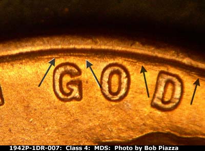 Die-stage B marker on 1942P•1DR•007 (1942 Doubled Die Reverse).