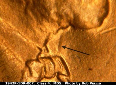 Die-stage B marker on 1942P•1DR•007 (1942 Doubled Die Reverse).