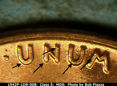 Die-stage B marker on 1942P•1DR•008 (1942 Doubled Die Reverse).