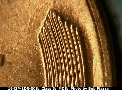 Die-stage B marker on 1942P•1DR•008 (1942 Doubled Die Reverse).