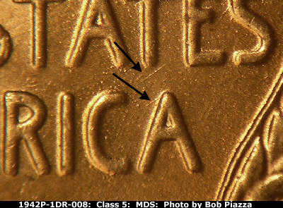 Die-stage B marker on 1942P•1DR•008 (1942 Doubled Die Reverse).