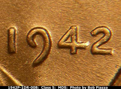 Die-stage B marker on 1942P•1DR•008 (1942 Doubled Die Reverse).