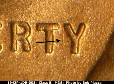 Die-stage B marker on 1942P•1DR•008 (1942 Doubled Die Reverse).