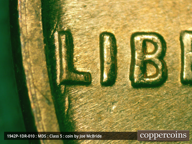 Die-stage B marker on 1942P•1DR•010 (1942 Doubled Die Reverse).