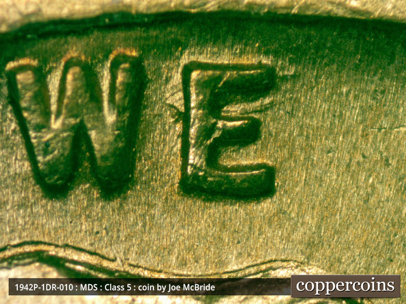 Die-stage B marker on 1942P•1DR•010 (1942 Doubled Die Reverse).