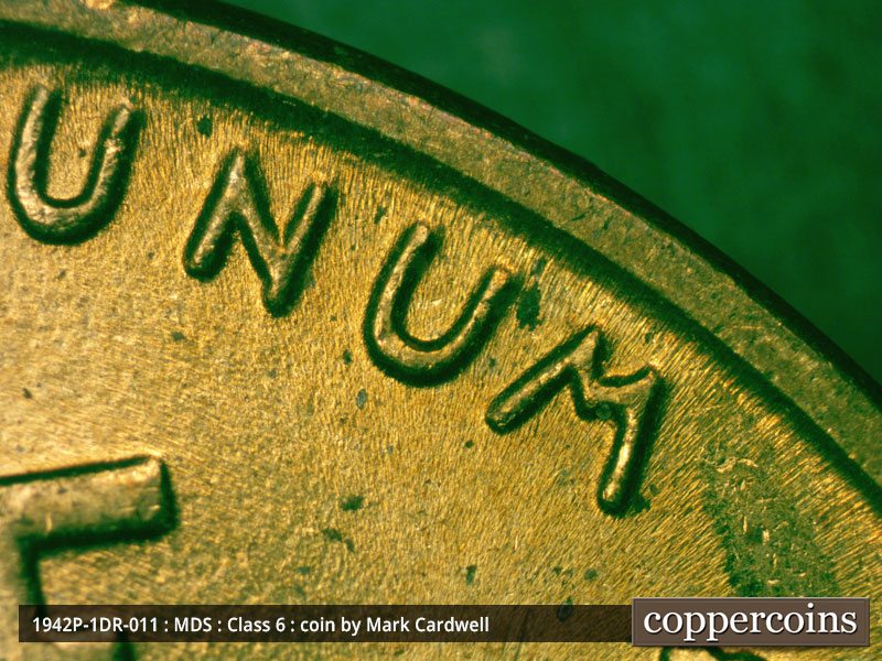 Die-stage B marker on 1942P•1DR•011 (1942 Doubled Die Reverse).