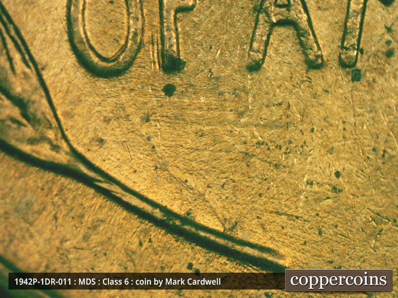 Die-stage B marker on 1942P•1DR•011 (1942 Doubled Die Reverse).