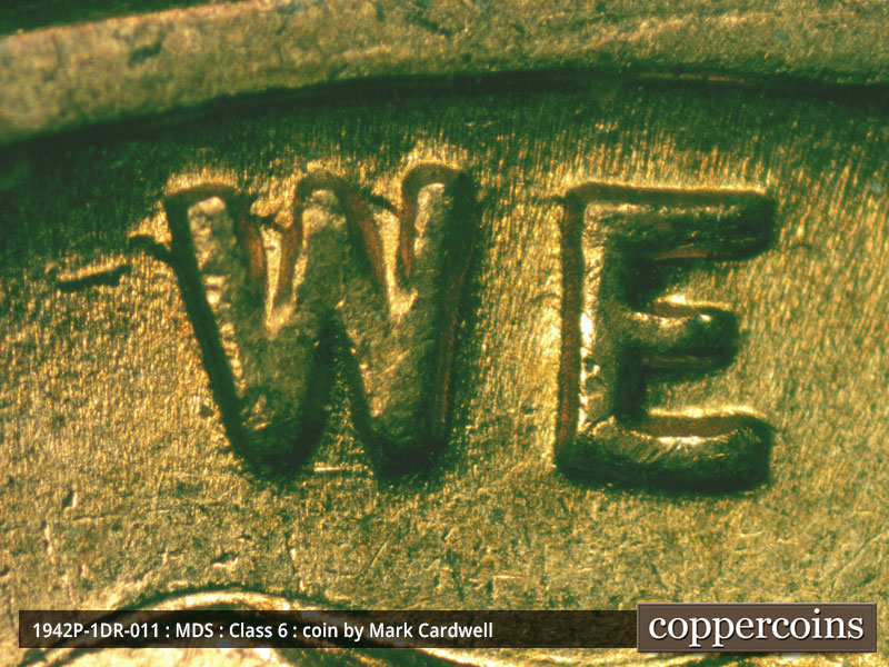 Die-stage B marker on 1942P•1DR•011 (1942 Doubled Die Reverse).
