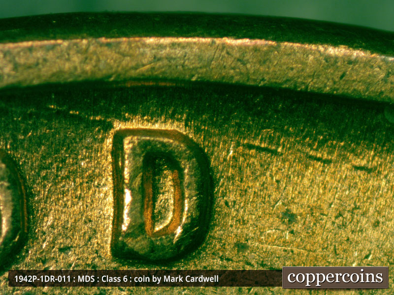 Die-stage B marker on 1942P•1DR•011 (1942 Doubled Die Reverse).