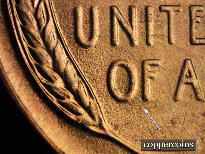 Die-stage B marker on 1942P•1DR•013 (1942 Doubled Die Reverse).