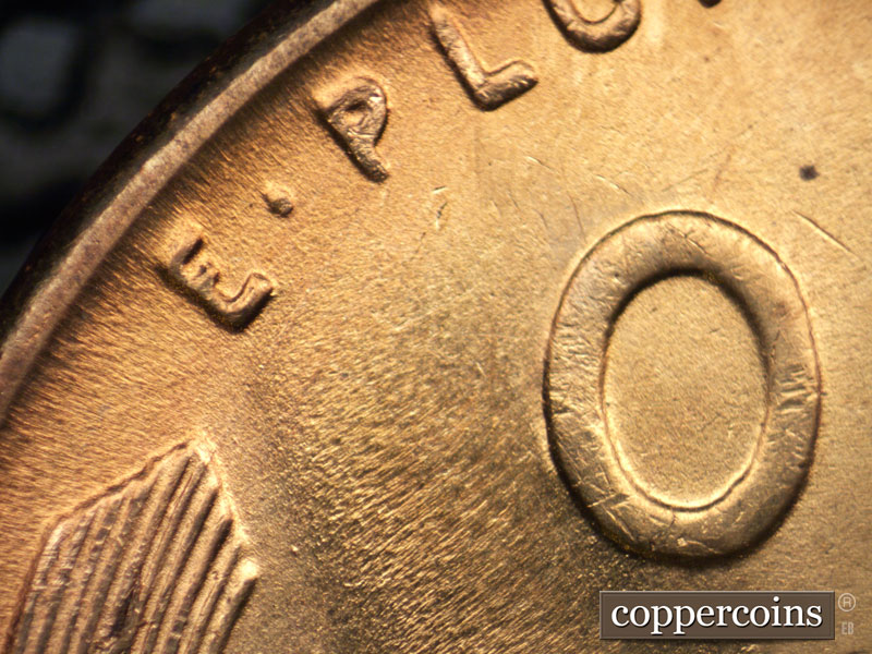 Die-stage C marker on 1942P•1DR•016 (1942 Doubled Die Reverse).