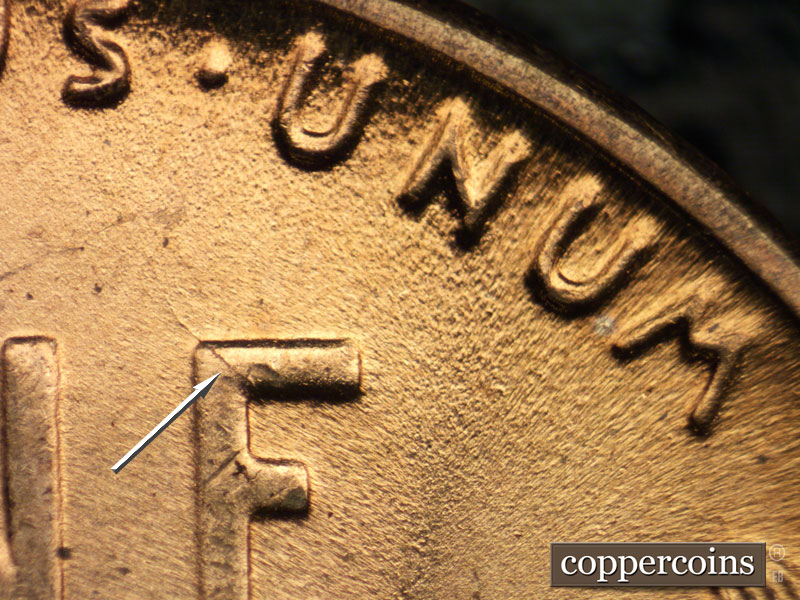 Die-stage C marker on 1942P•1DR•016 (1942 Doubled Die Reverse).