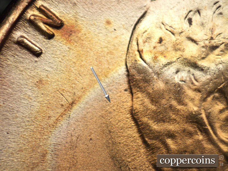 Die-stage C marker on 1942P•1DR•016 (1942 Doubled Die Reverse).