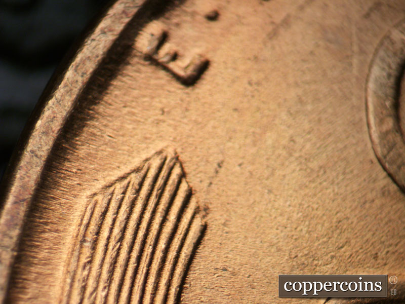 Die-stage B marker on 1942P•1DR•017 (1942 Doubled Die Reverse).