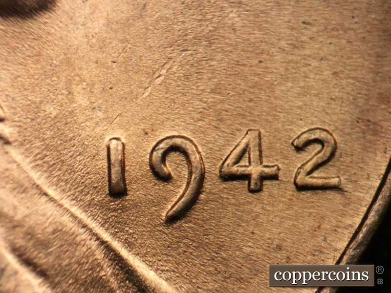 Die-stage B marker on 1942P•1DR•017 (1942 Doubled Die Reverse).