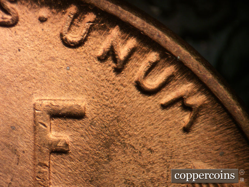 Die-stage C marker on 1942P•1DR•018 (1942 Doubled Die Reverse).