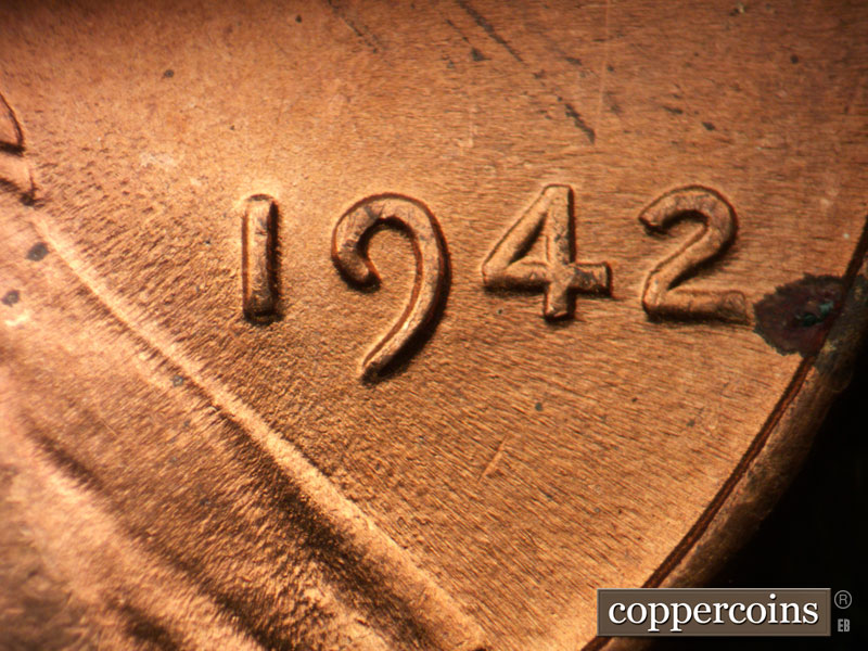 Die-stage C marker on 1942P•1DR•018 (1942 Doubled Die Reverse).