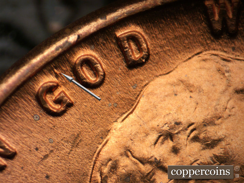 Die-stage C marker on 1942P•1DR•018 (1942 Doubled Die Reverse).