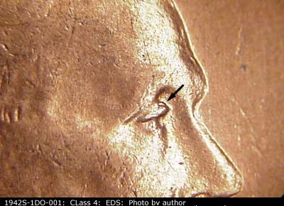 Die-stage A marker on 1942S•1DO•001 (1942 Doubled Die Obverse).