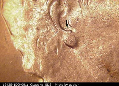 Die-stage A marker on 1942S•1DO•001 (1942 Doubled Die Obverse).
