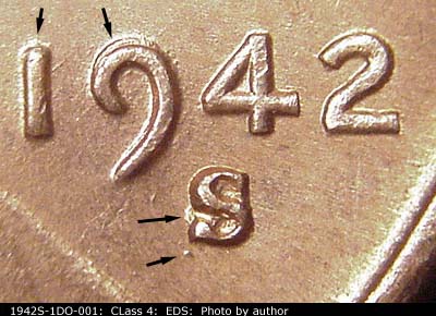 Die-stage A marker on 1942S•1DO•001 (1942 Doubled Die Obverse).