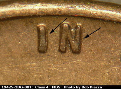 Die-stage B marker on 1942S•1DO•001 (1942 Doubled Die Obverse).